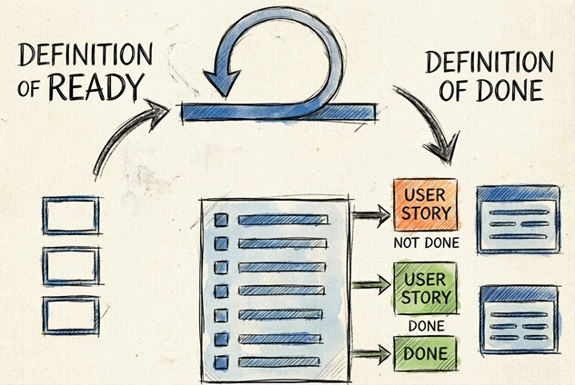 Uma imagem conceitual mostrando duas checklists, uma rotulada como 'Pronto para Começar?' (DoR ) e outra como 'Realmente Terminado?' (DoD), com ícones de planejamento e qualidade.