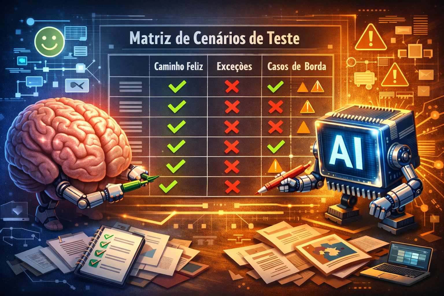 Ilustração conceitual mostrando um cérebro humano e um chip de IA colaborando para preencher uma matriz de cenários de teste, cobrindo caminhos felizes, exceções e casos de borda.